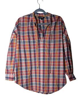Lauren Ralph Lauren Riyeta Plaid Tie Neck Blouse poplin Cotton Madras Top Large